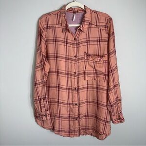 Free People Button Front Tunic Blouse Top-Rust Plaid-100% Linen-Size Large